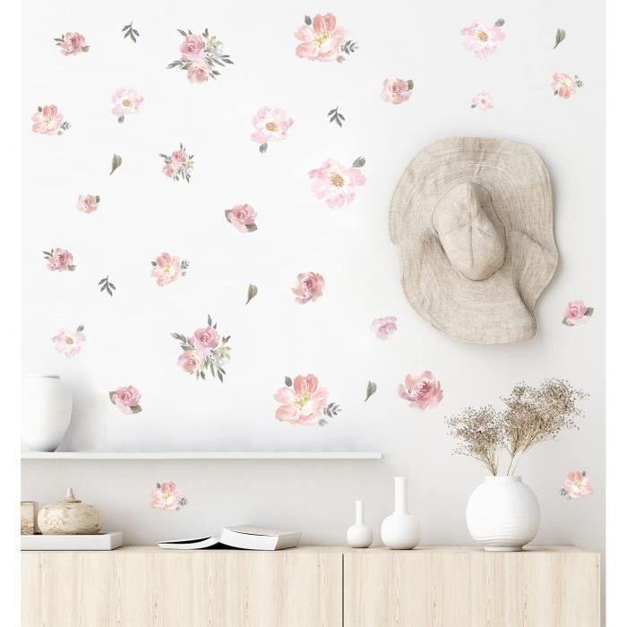Lot de 55 stickers muraux fleurs roses aquarelles pour chambre de fille,  chambre à coucher, chambre d'enfant, décoration murale po - Cdiscount Maison