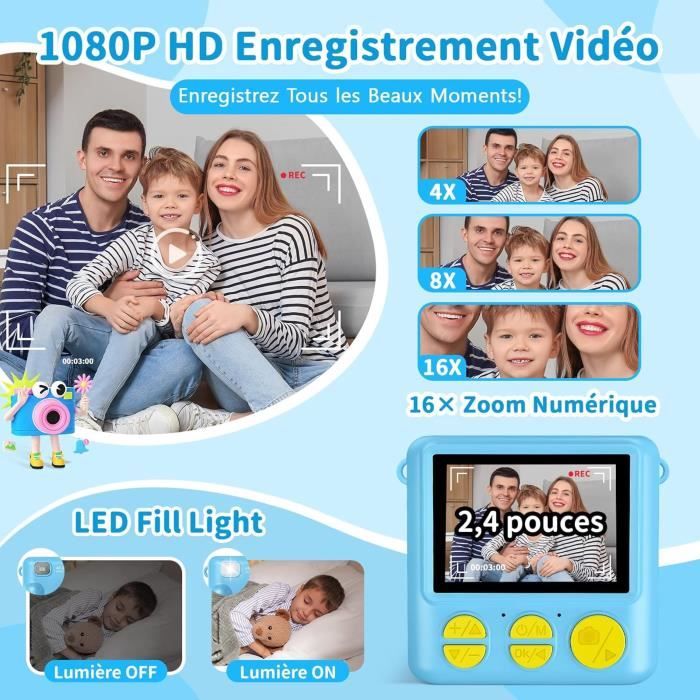 Appareil Photo Instantané Pour Enfant 1080P - Imprime Sans Encre, Avec Carte 32 Go Et Autocollants, Cadeau Noël 3-12 Ans - 6