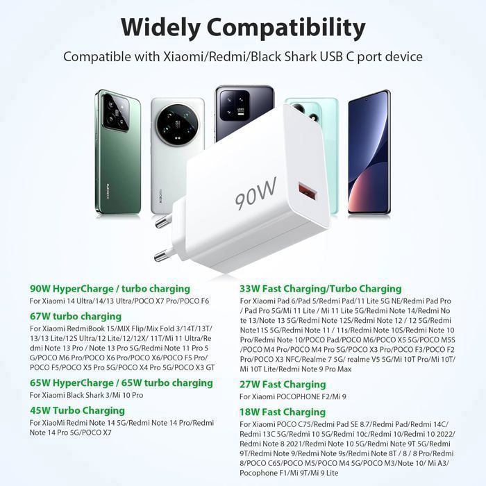 Chargeur Rapide 67W Pour Xiaomi, POCO, Redmi - Type-C, Neuf Générique, Efficace Et Fiable
