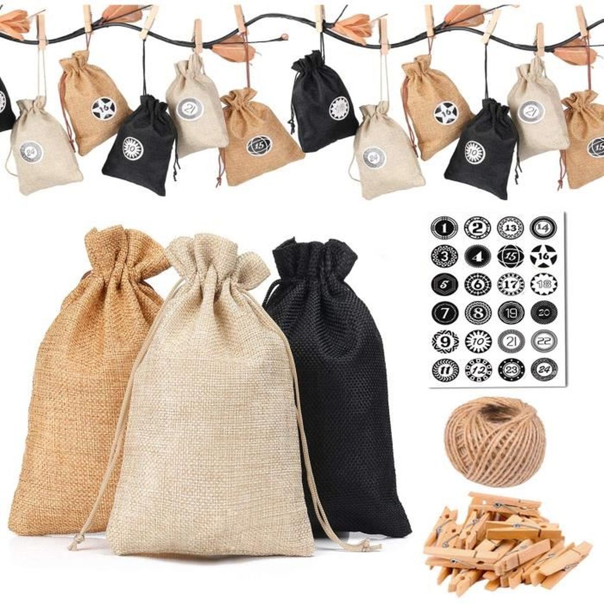 24 Sac en Tissu de Calendrier de lavent de No/ël 24 Num/érique Autocollantset Pinces en Bois de Jute Pochettes Sacs Surprise No/ël Sachets Calendriers Calendriers de lAvent Calendrier de Noel