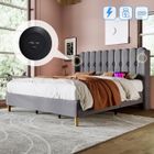 SPKSW Lit double 180×200 cm Lit rembourré 2 personnes Avec chargement USB Type C, avec sommier à lattes, matière lin, gris