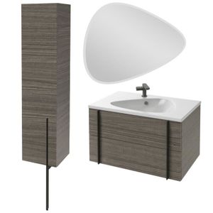 MEUBLE VASQUE - PLAN Meuble lavabo simple vasque 80 cm JACOB DELAFON Nouvelle Vague chene tranché + colonne de salle de bain version gauche + miroir