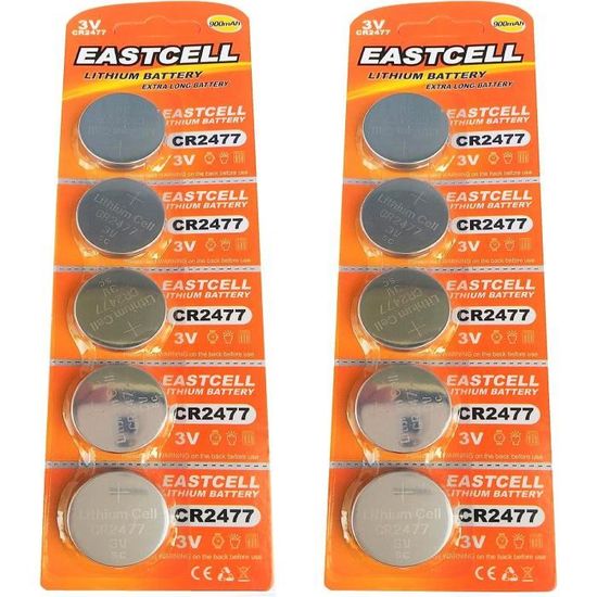 10 X CR2477 Lithium Knopfzellen 3V, 900 MAh - EASTCELL Batterien (2 Blister à 5 Stück)