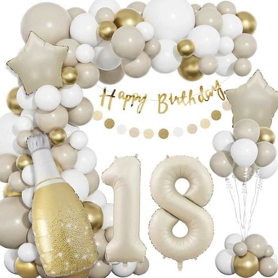 Décoration Anniversaire 18 Ans - Ballons Et Bannière Joyeux Anniversaire En Beige Or - Arche Ballon Pour Fête De 18 Ans Fille Homme