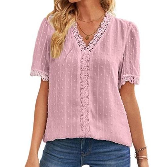 T-shirt Femme à Volants Et Col En V - Manches Courtes, Uni, Coton/lin - Taille S à 5XL - Haut Décontracté Tendance été - 7