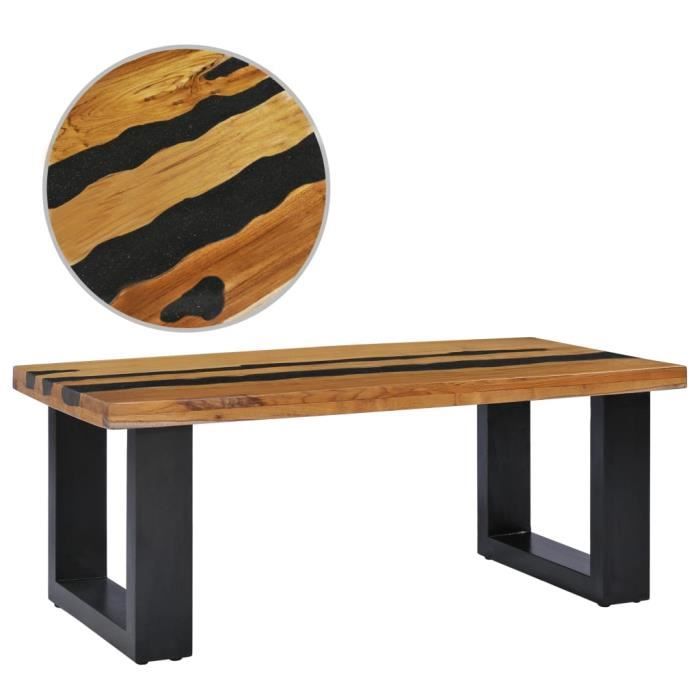 Table basse, Tables d'appoint, Tables gigognes - 100 x 50 x 40 cm - Style industriel - Bois de teck massif et pierre de lave