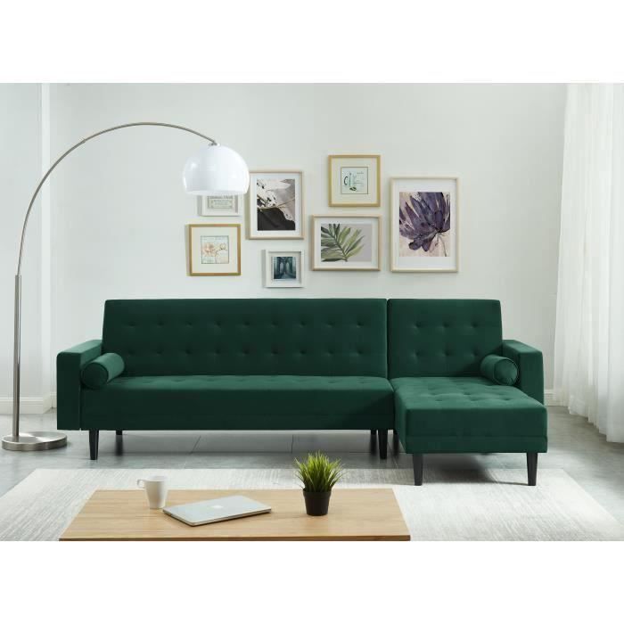 DAVENPORT Canapé d'angle convertible LUXURY 5 places velours vert pieds bois