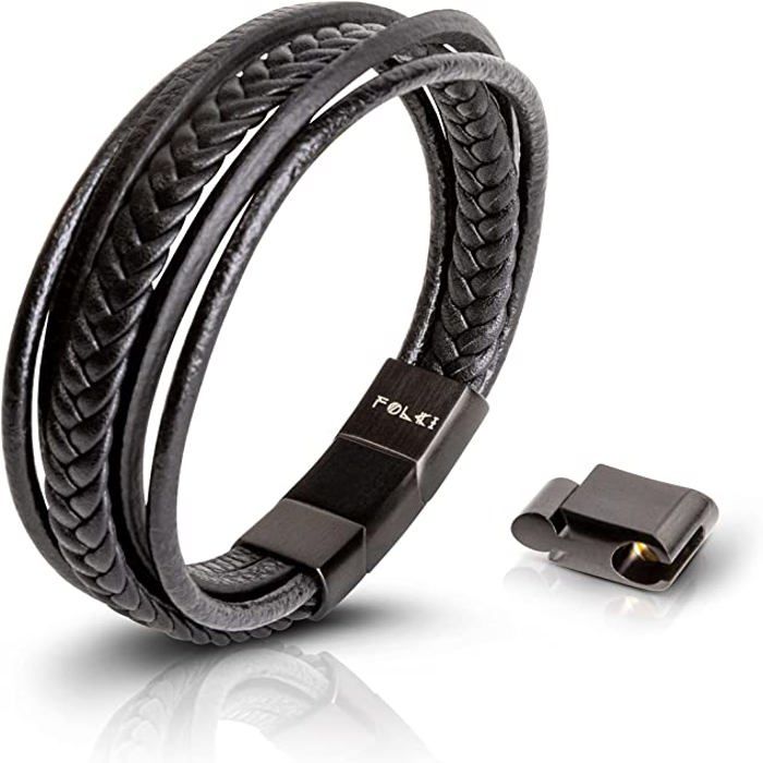 Folki - Bracelet Noir en Cuir Véritable pour Homme 19 à 20 cm (Taille S) - Fermoir magnétique en Acier - Coffret Luxe