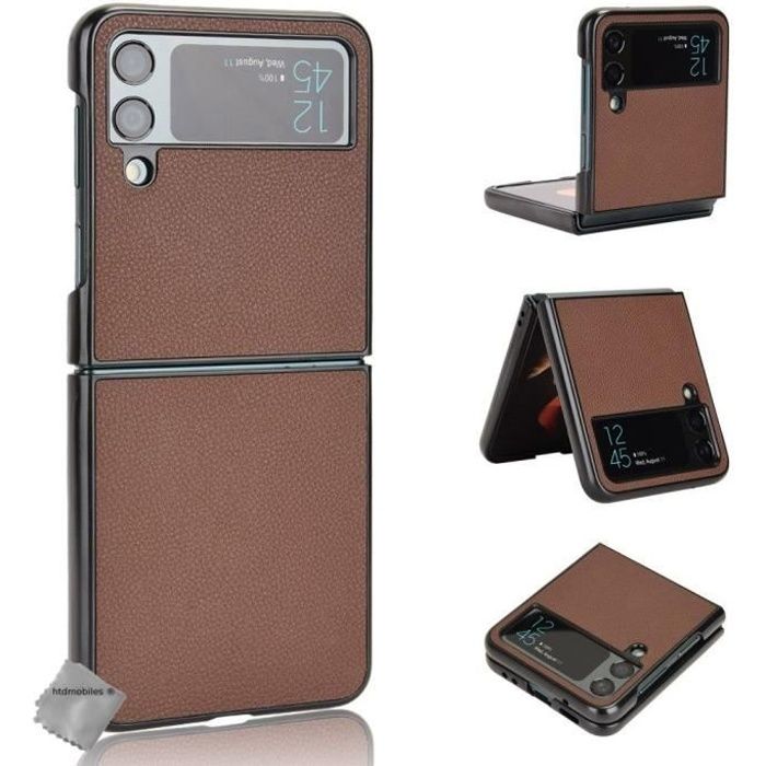 Coque rigide simili cuir avant et arrière pour Samsung Galaxy Z Flip 4 5G - MARRON