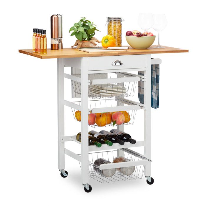 Relaxdays Desserte de cuisine, plan de travail pliant, bambou, bloc-couteaux, chariot, paniers, range-bouteilles, blanc