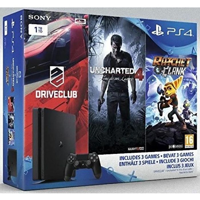 Console Sony PS4 SLIM 1To + DriveClub, UNCHARTED 4, Ratchet & Clank