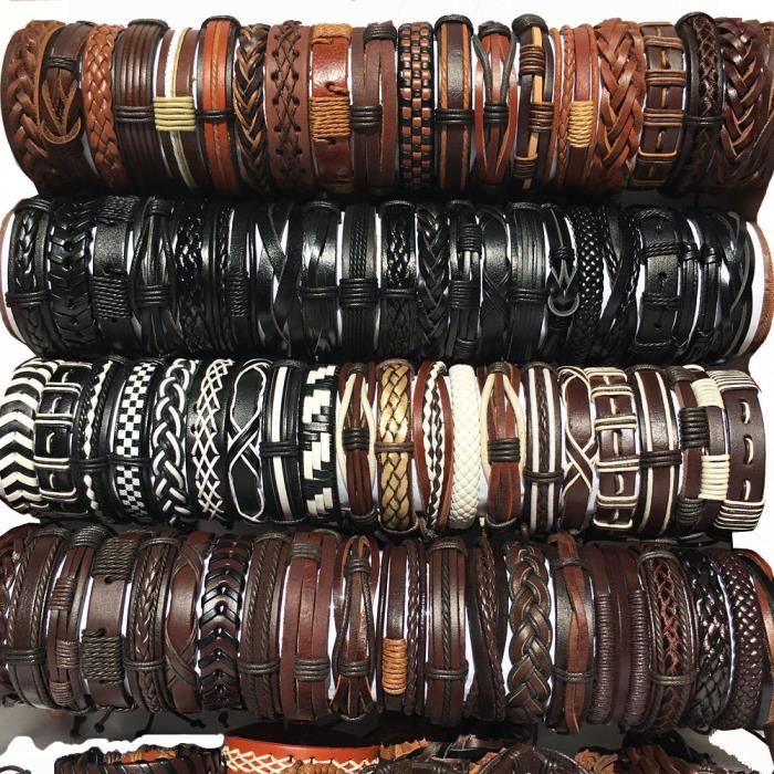Black Brown White 30- -Bracelets tressés en cuir pour hommes et femmes, 30 pièces-lot, mélange de Styles rétro, ethniques, Tribal, f