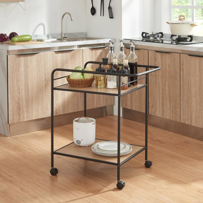 Desserte de cuisine Hole avec 2 étagères métal MDF 72 x 62 x 45 cm noir effet chêne