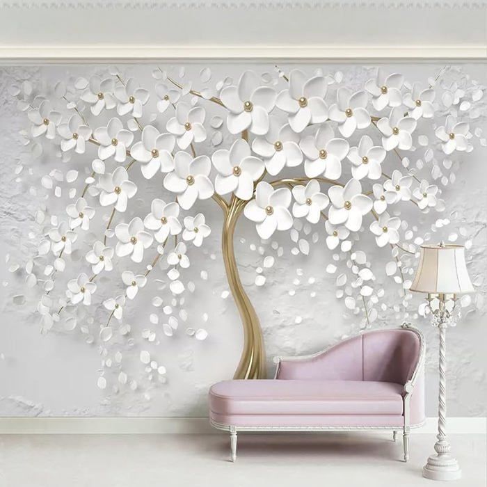 Papier Peint Panoramique 350x256 cm arbre à fleurs blanches en relief ...