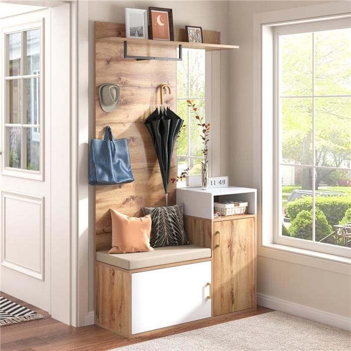 Meuble Dentrée Contemporain Avec Miroir Armoire À Chaussures Armoire Murale Banc Et Crochet 105x40x190.5cmVestiaire