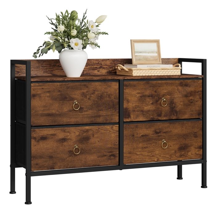 Commode Chambre WOLTU - Meuble 4 tiroirs en Tissu - Cadre en Acier - Effet de Bois Brûlé+Noir W0ITT7055