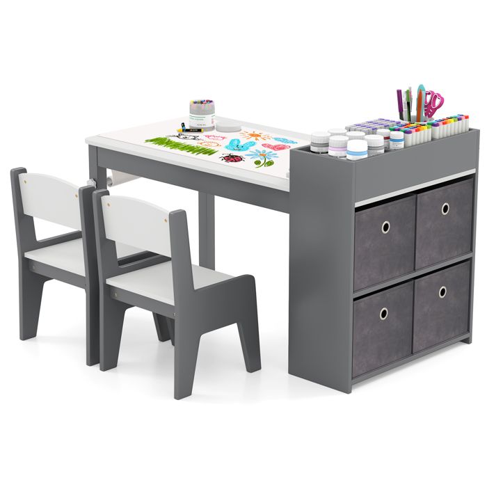 DREAMADE Ensemble Table et Chaises pour Enfants avec Rouleau de Papier Bureau dEtude en Bois avec Etagères Bacs en Tissu Gris
