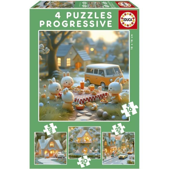 Puzzles progressifs EDUCA La Ville des Lapins 4 puzzles 12 à 25 pièces Pour enfants
