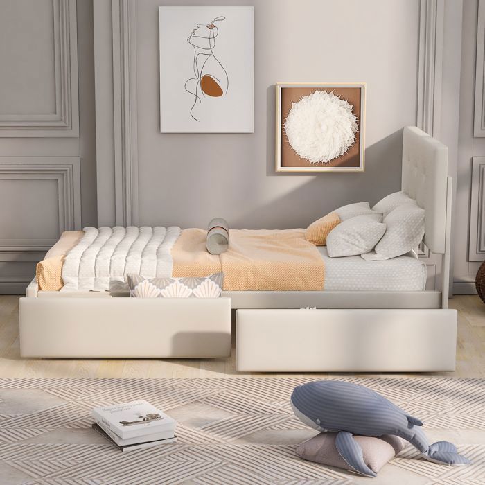 Lit simple rembourré 90x200cm avec 2 tiroirs - Beige - Scandinave Moderne