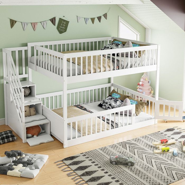 Lit superposé 140x200 cm avec tiroirs et escalier de sécurité Lit 2 personnes en bois Gris Lit enfant avec rangement