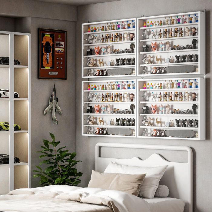 Vitrine murale pour objets de collection 5 étagère réglables en hauteur et 2 portes coulissantes 80 x 95 x 60 cm blanc