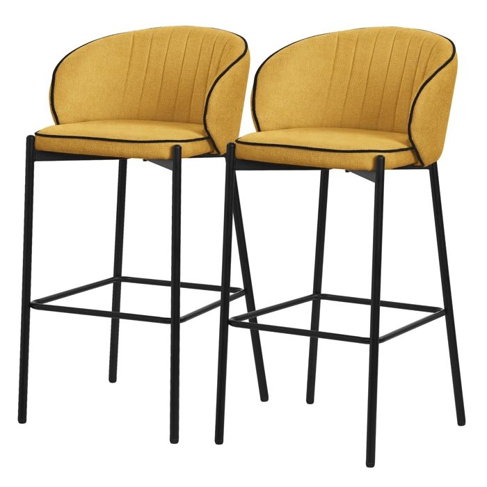 Lot 2 tabourets de bar ML-Design tissu moutarde hauteur 76 cm avec dossier et repose-pieds cuisine