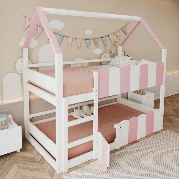 Lit maison superposé enfant 90x200 cm avec barrières sécurité - Sommier lattes inclus - Fille et garçon - Rose - Sans Matelas Lit maison superposé enfant 90x200 cm avec barrières sécurité - Sommier lattes inclus - Fille et garçon - Rose - Sans Matelas
