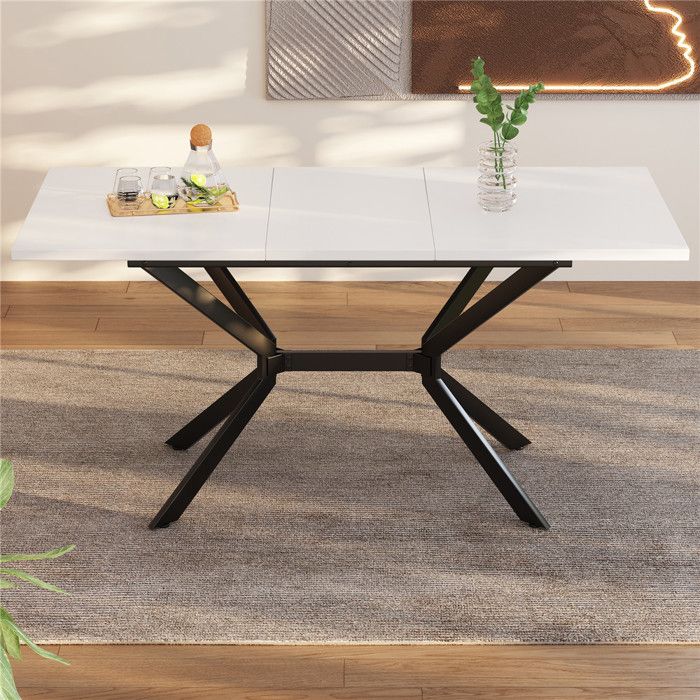 Table Salle à Manger Extensible Blanche 120–160 x 80 x 75 cm pour 4 à 6 Personnes Table de Cuisine Moderne avec Pieds en Métal