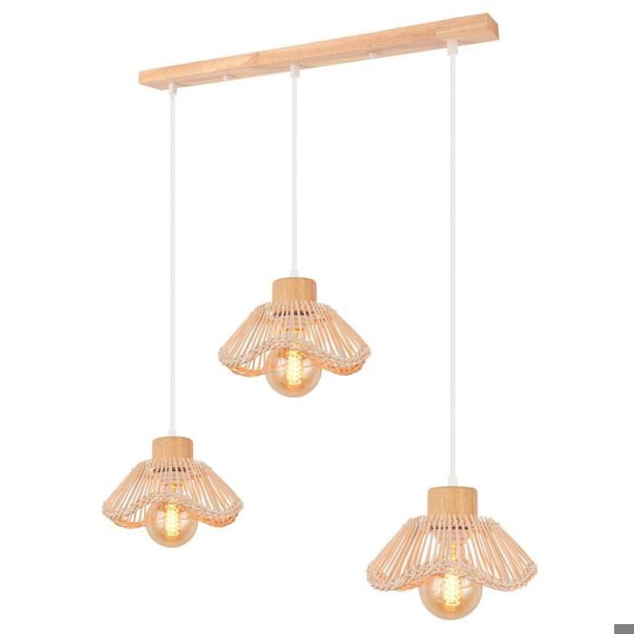 WOTTES 3 Lampes Suspension Luminaire en Bambou Tressée à la Main Lustre Vintage Abat-jour en Rotin suspendue Boho Bois Avec Barre