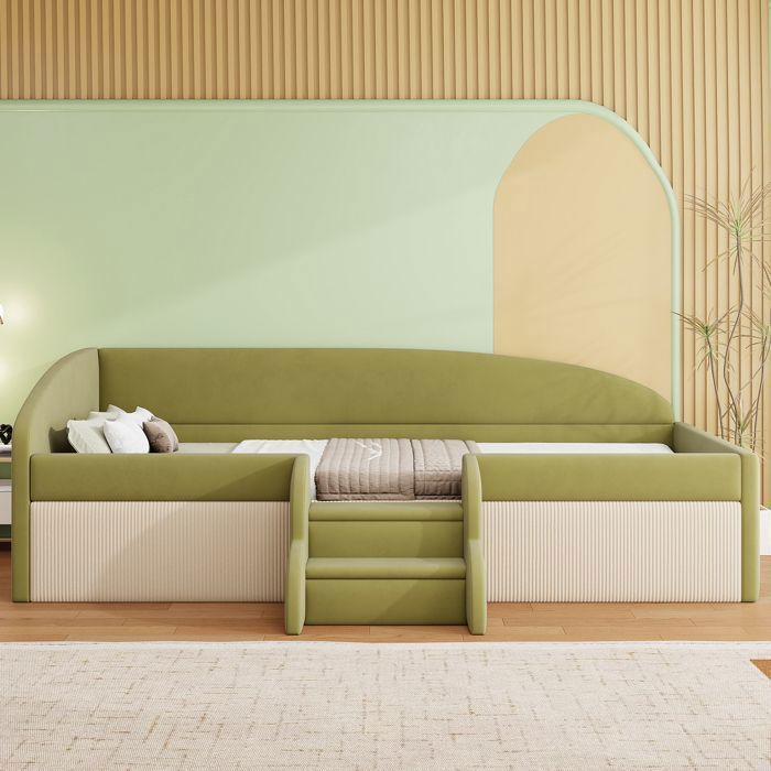 Lit enfant Maisentiel 90x190 cm velours bicolore vert foncé et crème design colorblock ludique et sécurisé