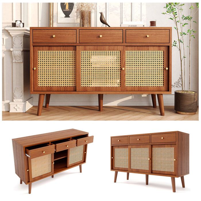 Buffet avec tiroirs et portes coulissantes - RNCYN - 120x40x78 cm - Osier en rotin - Pieds en bois massif