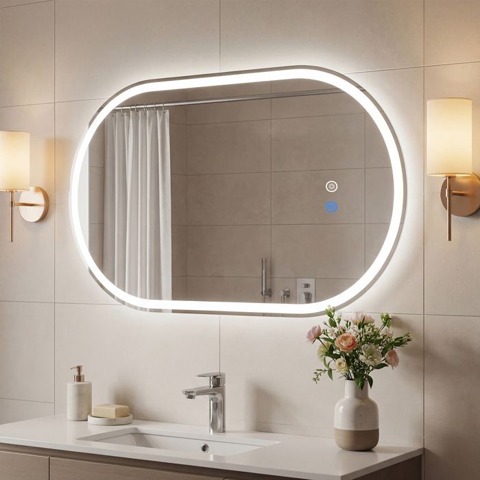 COSTWAY Miroir LED Salle de Bain Ovale 80 x 50 cm - 3 Couleurs de Lumière Fonction Anti-Buée Contrôle Tactile pour Salle de Bain