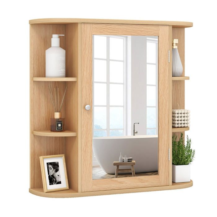 Meuble de salle de bain mural - HELLOSHOP26 - 65x17x64 cm - Porte avec miroir - 6 compartiments - Suspendu