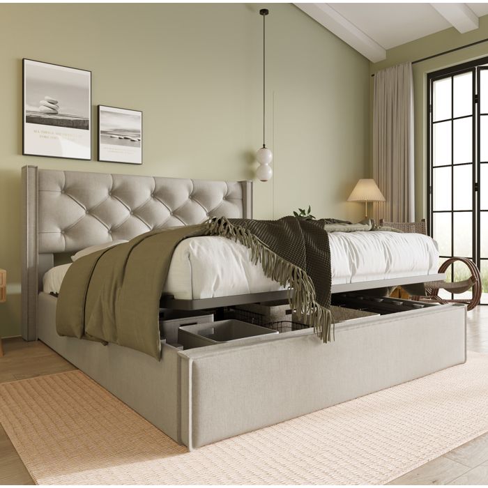 MEUBLIV Lit coffre capitonné 140x200cm lit double avec sommier à lattes coton gris clair