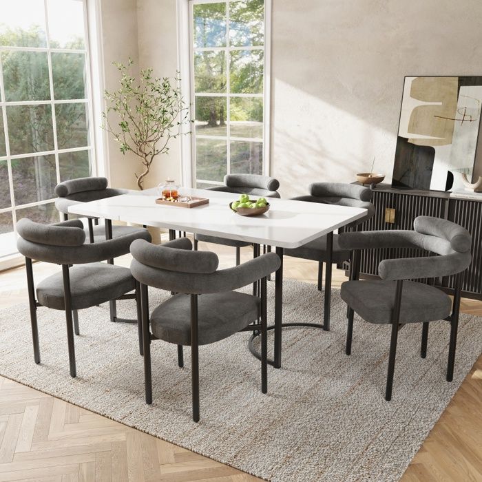 Ensemble salle à manger - 7 pièces - Piètement métal design - 6 chaises velours gris - 140x80x75 cm