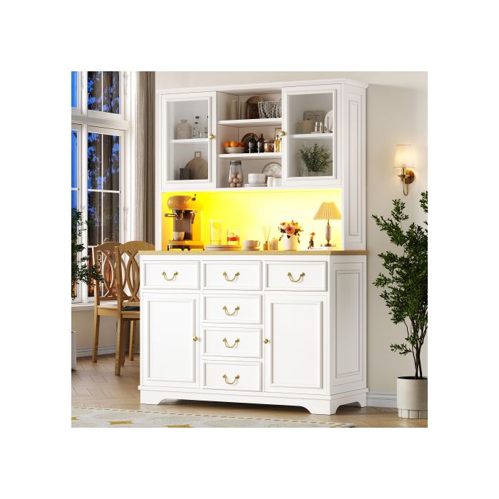 Buffet haut blanc - Meuble de rangement de cuisine avec LED et prises intégrées - Étagères réglables et tiroirs - Pour cuisine