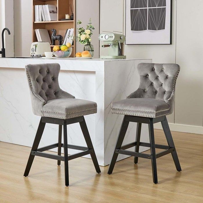 Tabouret de bar - Lot de 2 - Pivotant 360° - Rembourrage mousse et ressorts - Pieds bois hévéa
