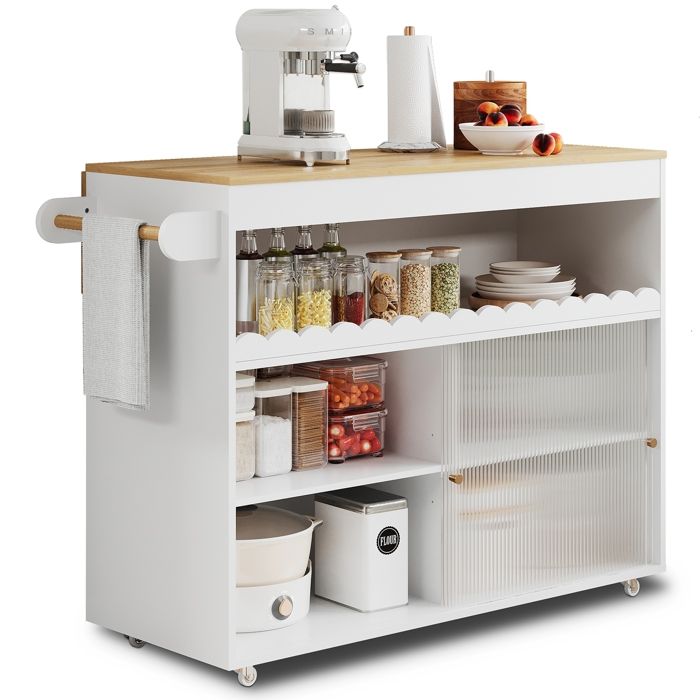 Îlot Central Cuisine Desserte Cuisine à roulettes avec Plans de Travail Rabattable Portes Coulissantes en Verre 122x46-69x91cm Blanc
