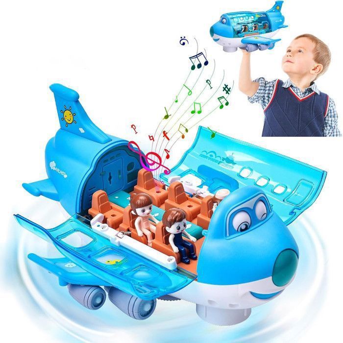 Avion jouet pour enfants - Voiture-avion électrique omnidirectionnelle - Avec lumières et effets sonores - Bleu