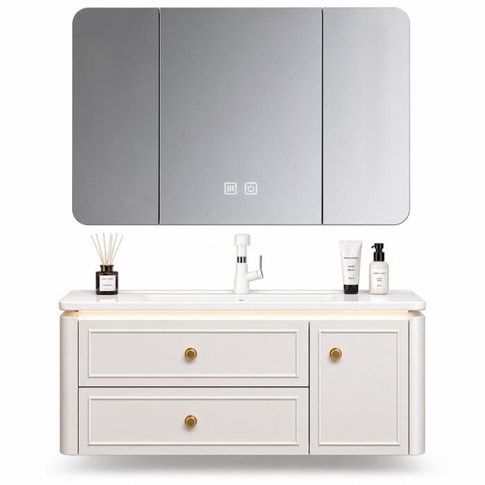 Ensemble meuble de salle de bain avec vasque et armoire miroir LED - 100 cm - Blanc - ELINA