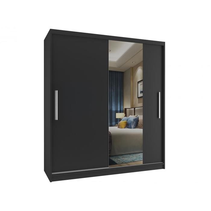 BELINI Grande Armoire 2 Portes Coulissantes VERONA MSE 133 cm - Noir Mat - Miroir Intégré & Tringle - Chambre Adulte