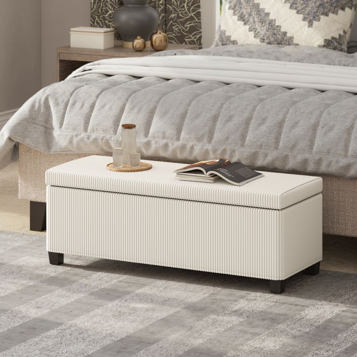 Banc coffre de rangement - 112 x 42 x 40 cm - 84 L - Velours côtelé beige - Structure acier 220 kg