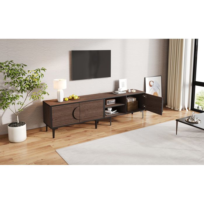 WOVREO Meuble TV 180 x 35 x 49 cm 3 portes 2 niches ouvertes aspect noyer foncé et cadre noir