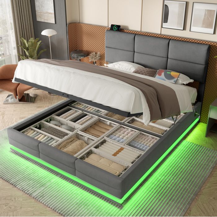 COVREO Lit coffre 160x200 cm en velours gris foncé avec LED USB Type-C tête de lit réglable