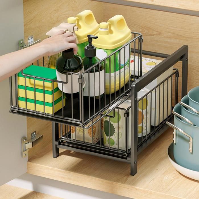 HOMEWELL. ÉTAGÈRE DE RANGEMENT COULISSANTE - PANIER POUR TIROIR DE MEUBLE DE CUISINE - 37 X 26 X 38 5 CM - NOIR