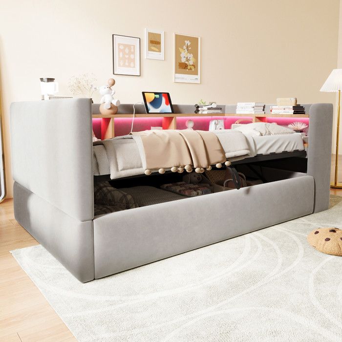 Lit Coffre 90x190cm - Lit Simple 90x190 avec Tête de Lit Étagère LED Prises USB - Gris Clair