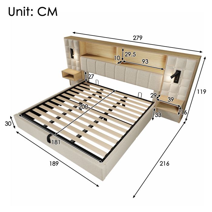 Lit double capitonné 180x200 cm beige lin avec LED lampes lecture tables chevet intégrées USB-C et sommier