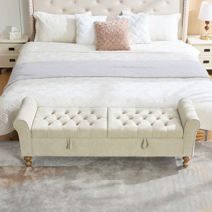Banquette velours gris beige rangement 2 couvercles convertible lit jour accoudoirs pieds hévéa salon entrée chambre 156x46x51cm