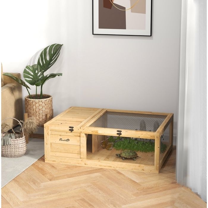 Terrarium pour tortue en bois jaune 91 x 60 5 x 32 cm avec toit ouvrant et enclos à deux zones