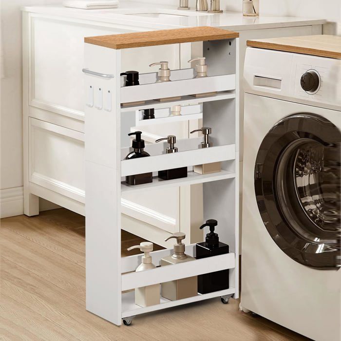 Desserte Étroite à roulettes Chariot de Rangement 40×20×80 cm Naturel + Blanc 4 ux(40x20x80cm) 4 Niveau PETIT MEUBLE DE RANGEMENT